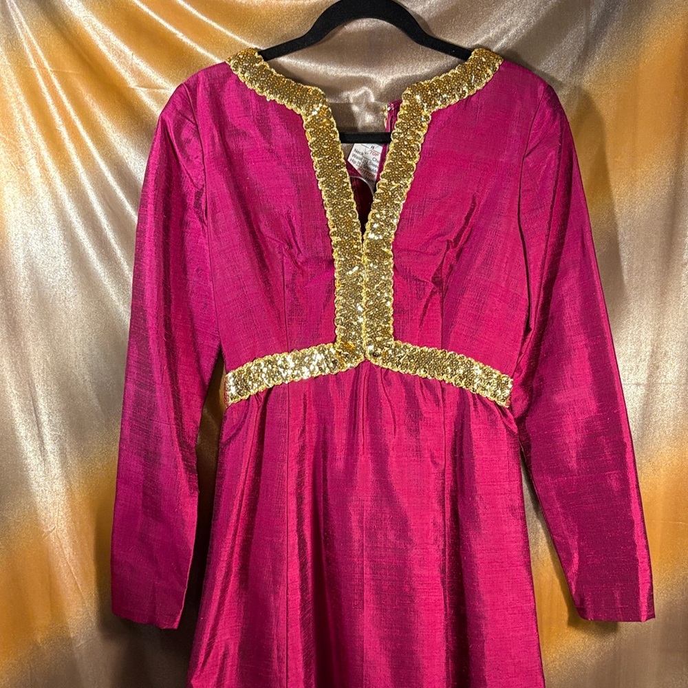 Vintage 60’s raspberry linedPink shantung silk maxi Dress Gold Sequin Trim 151
